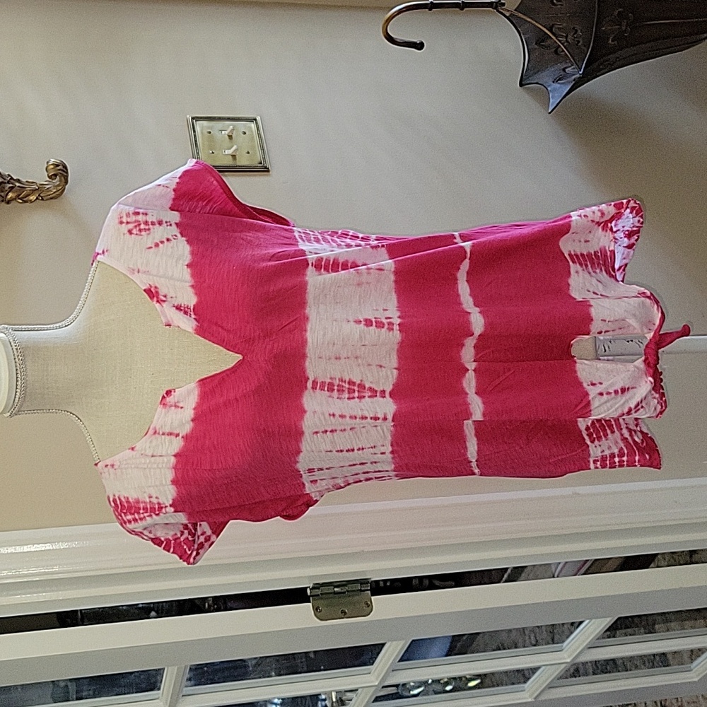 Lucky Brand hot pink white tie dye top cap sleeve tie waist cotton blend L EUC